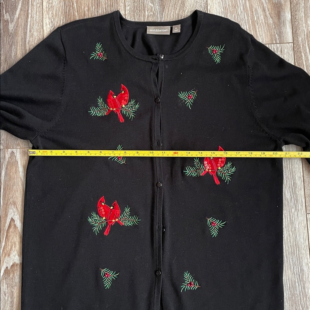 Croft & Barrow Black Jersey Knit Cardigan XL Red Velvet Embroidered Cardinals - Picture 7 of 11